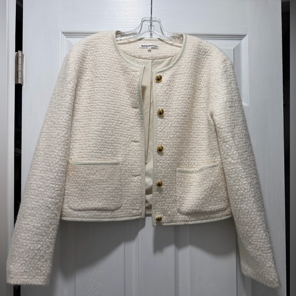 Reformation Cream Tweed Cropped Jacket with Gold Buttons